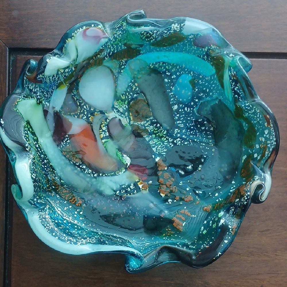 Glass Swirl Ashtray Decor Blue Pink Orange Green Silver Flecks Murano Style